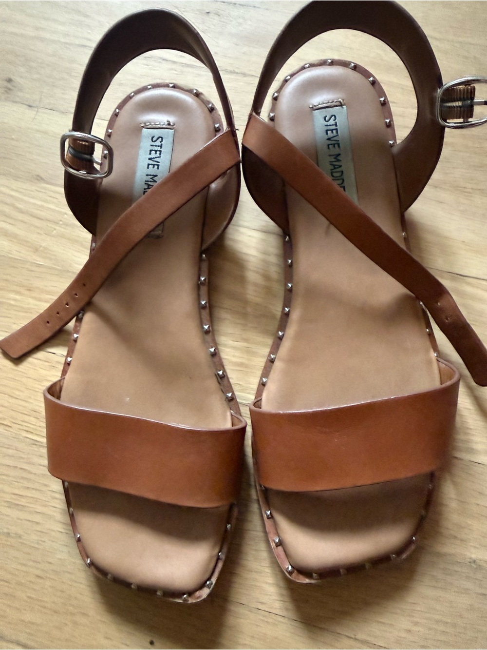 Steve Madden Brown Leather Studded Ankle-Strap Sandals